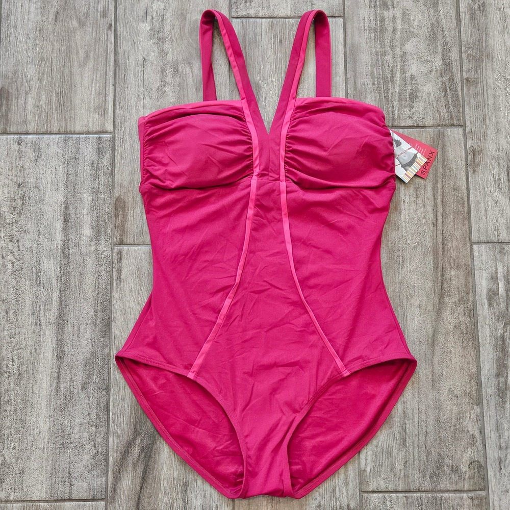 Spanx Chic Trim Deep V One Piece Swimsuit Size 14 Rouge NEW Ruched Shapewear